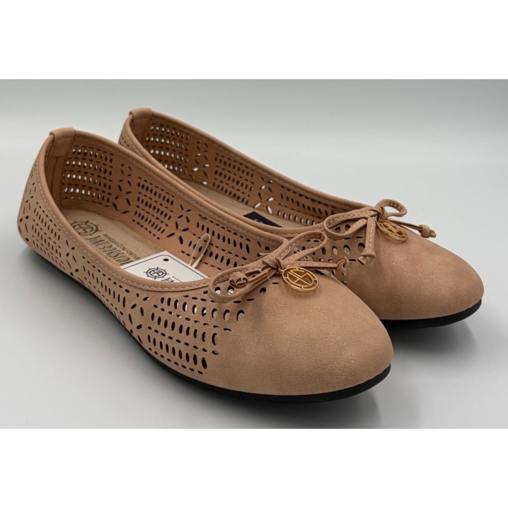Harborsides Womens 10W Wide Tan Ballet Flats Memory Foam Perforated Slip On Shoe